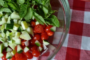 Bruschetta Salad: tomatoes, cucumbers, onions, and basil