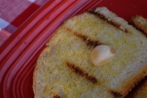 Bruschetta Salad: Garlic rub on bread