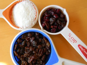 Mix-in ingredients: finely shredded coconut, craisins, and raisins