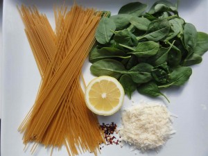 ingredients for lemony and spinach pasta