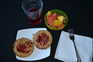 WIAW breakfast Ezekiel Sprouted Grain English Muffin with peanut butter and jelly with fruit