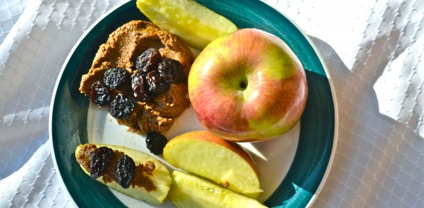 sunflower seed butter with apples and raisins