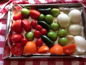 5 cups tomatoes, 5-7 tomatilos, 2 white onions, 3 jalapenos, 3 cloves of garlic